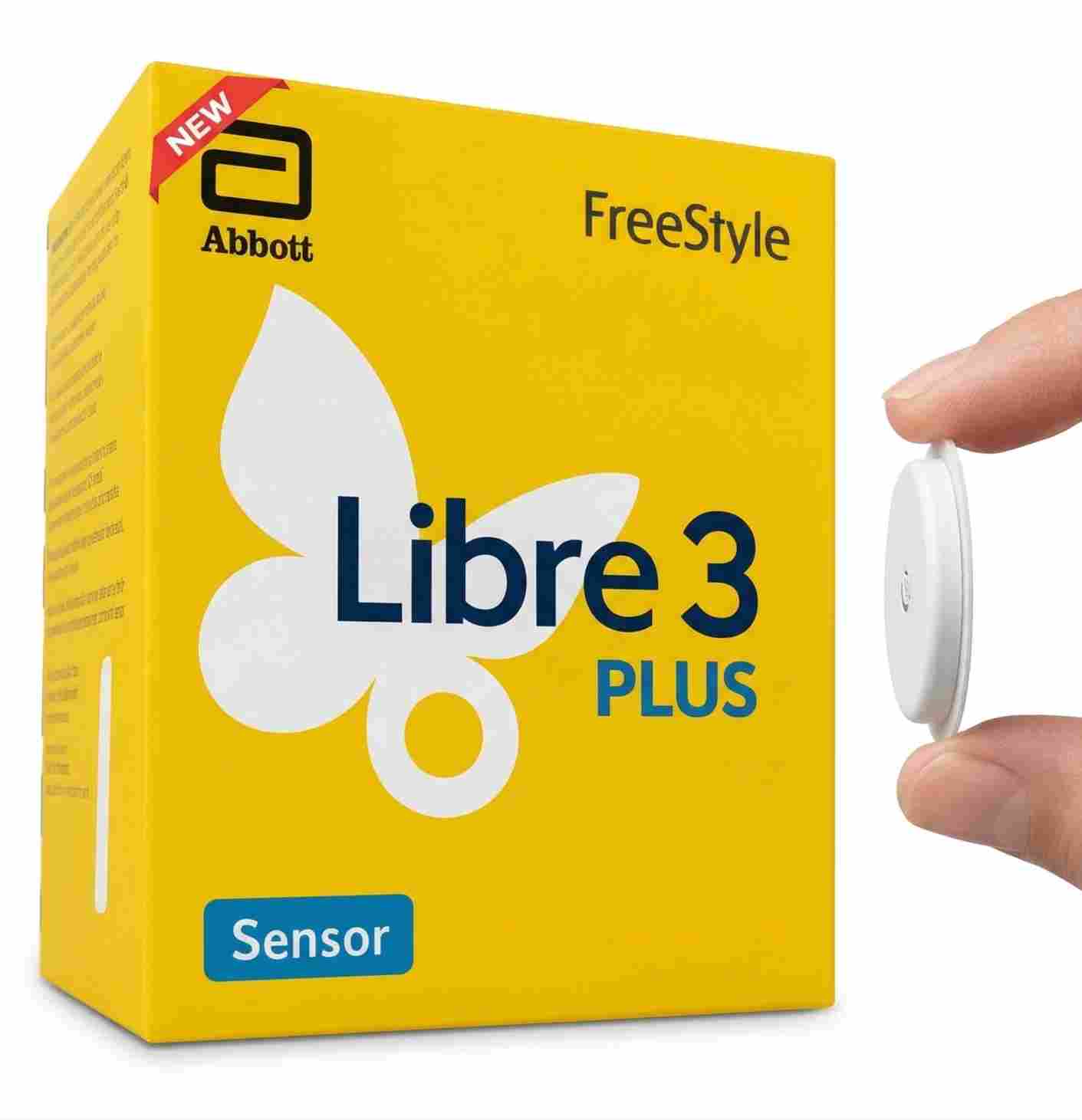 The retail box and sensor for the Freestyle Libre 3 Plus