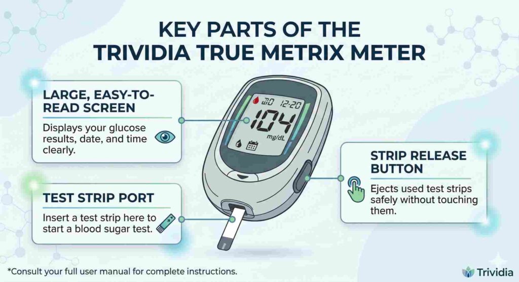 Graphic showing the buttons and features of the true metrix meter