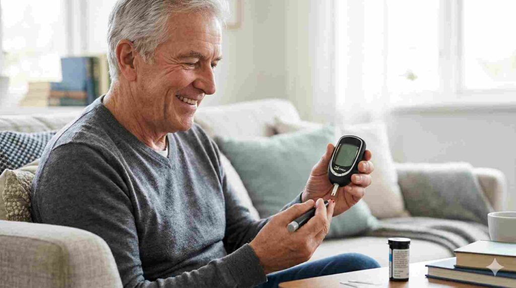 Man comfortably using his true metrix blood glucose meter at home