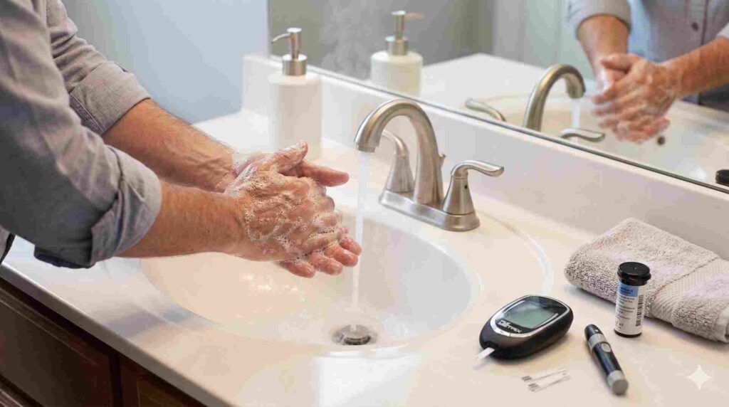 Preparing to use the true metrix meter by washing hands