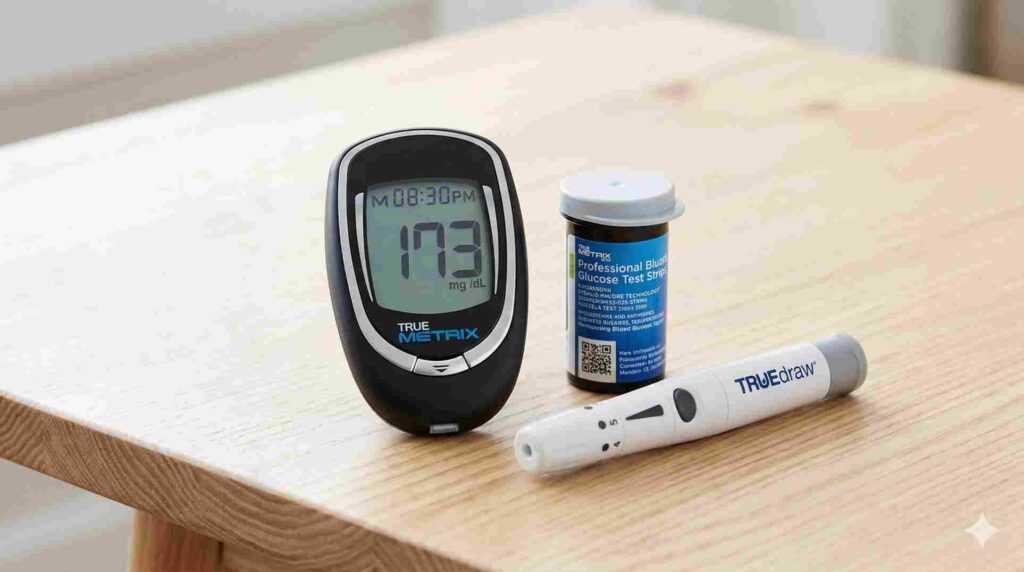 The true metrix glucose meter displayed next to its test strip vial