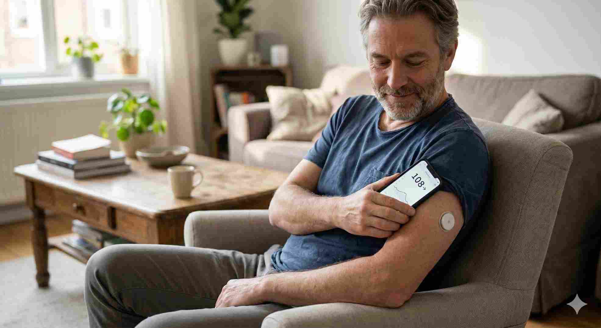 A man demonstrating freestyle libre 2 how to use in a comfortable home setting.