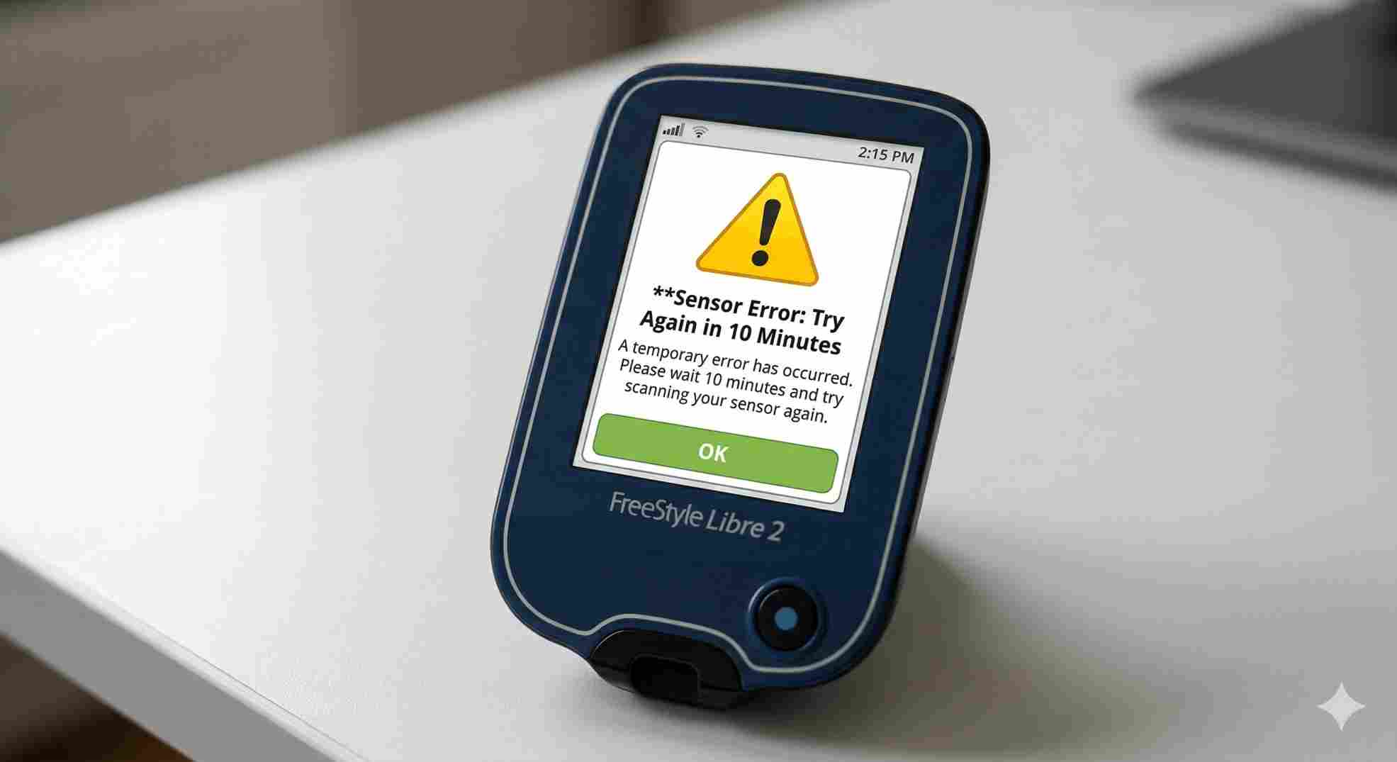 A screen displaying the freestyle libre 2 sensor error try again in 10 minutes message.