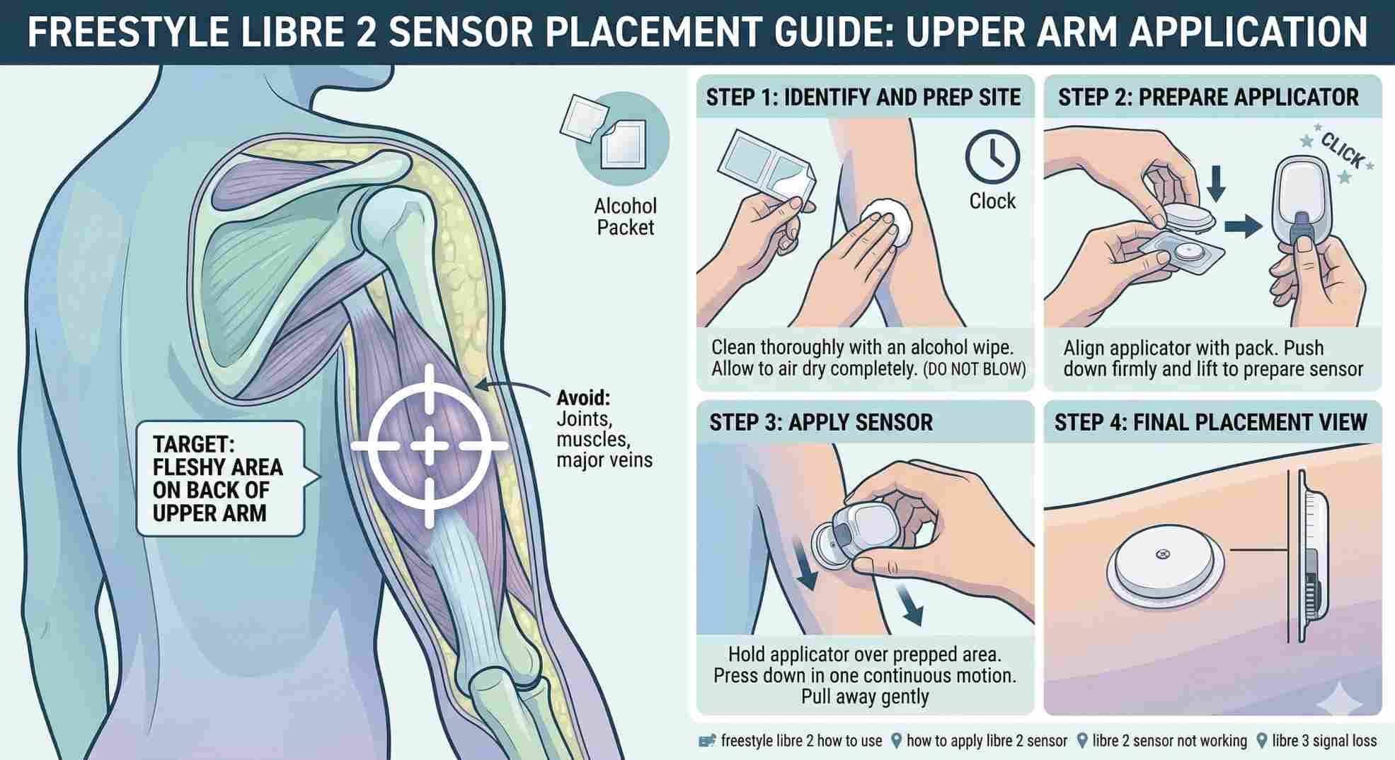 A step-by-step visual guide on how to apply libre 2 sensor securely.