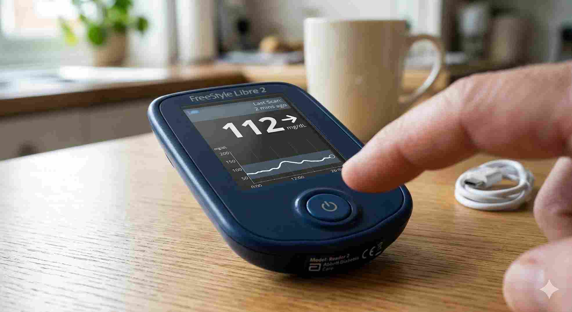 A user demonstrating how to reset Freestyle Libre 2 reader by holding the home power button.