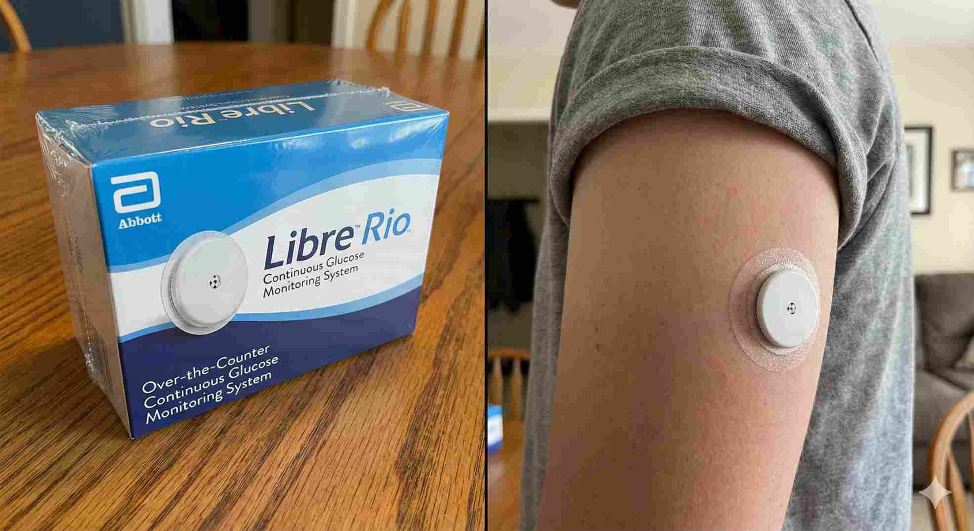 Abbott Libre Rio OTC glucose monitor packaging and arm application for Type 2 diabetes