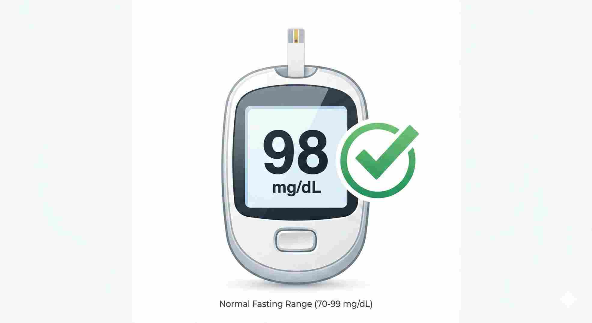 Normal blood sugar levels chart display on a glucometer showing healthy fasting range