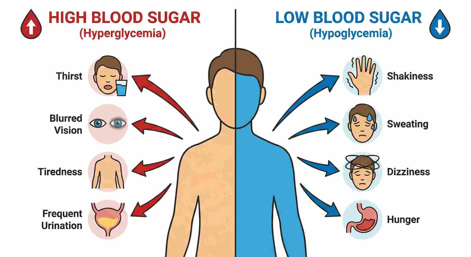 Symptoms of Hyperglycemia vs Hypoglycemia visual guide