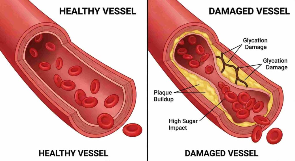 blood vessel damage causing diabetes complications