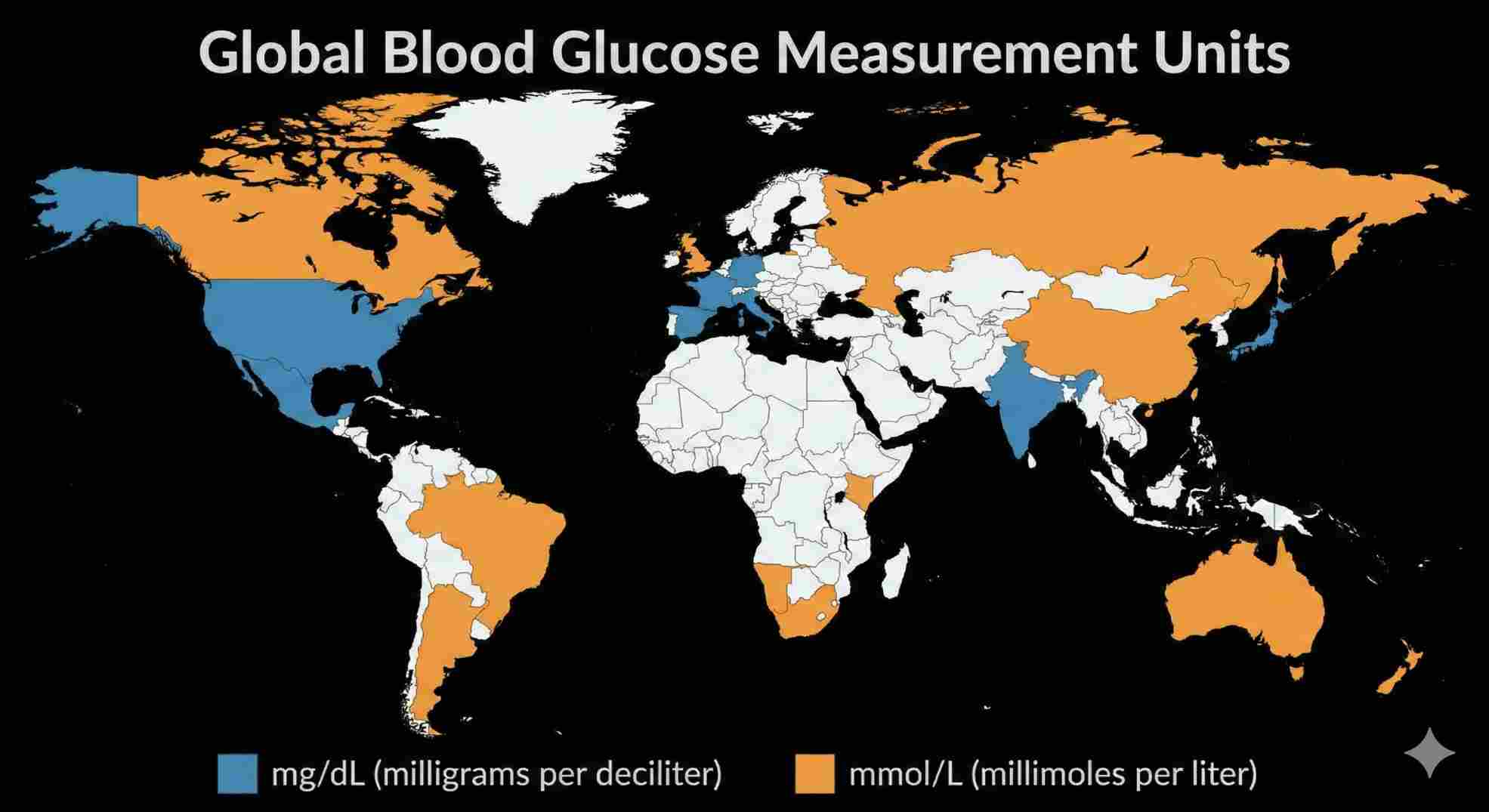map of glucose measurement units by country