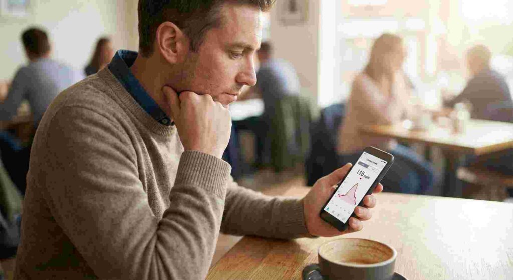 person using app to check sugar level 1 hour after meal