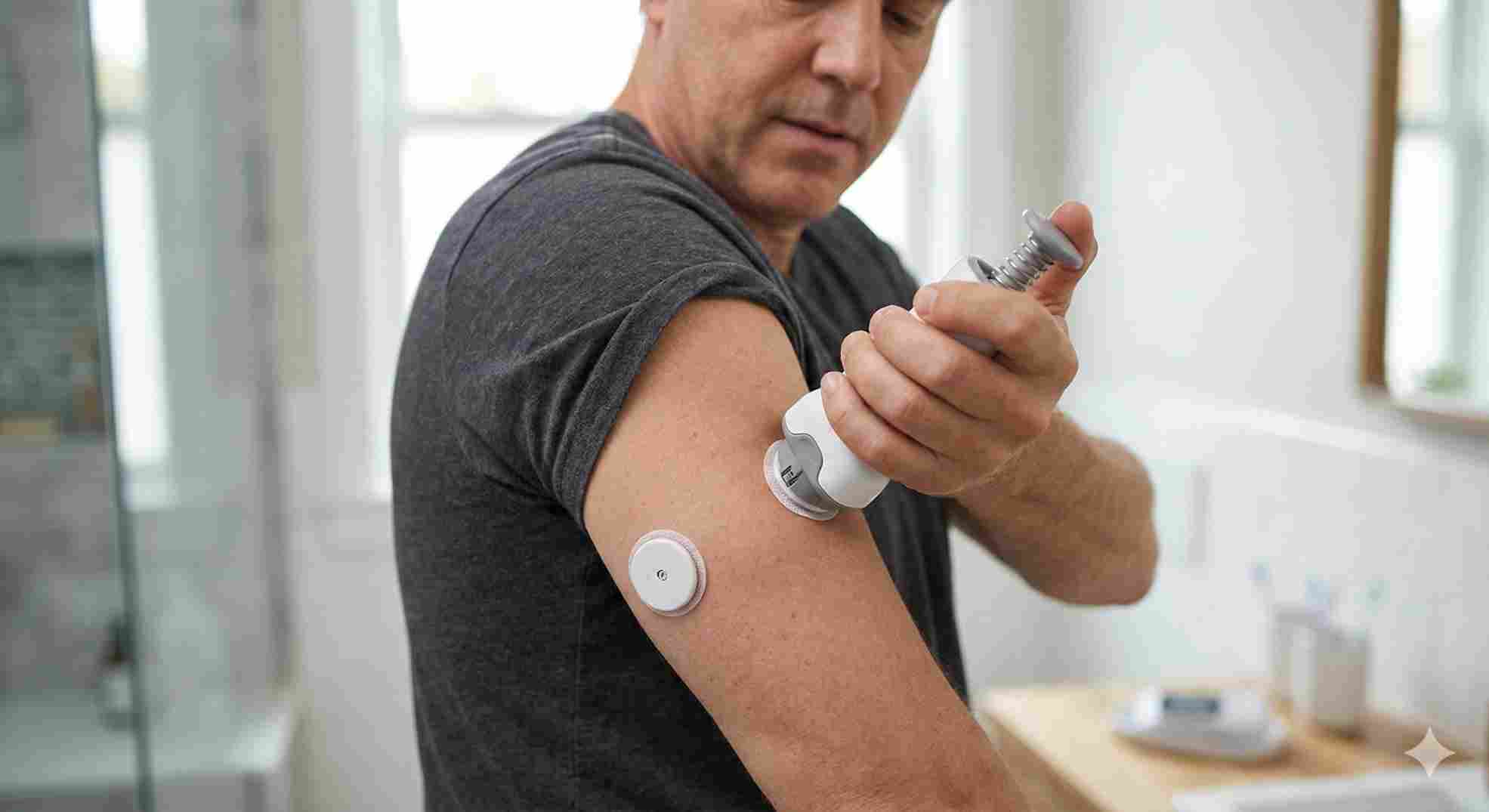 Person applying a continuous glucose monitor sensor to track their fructosamine and a1c conversion data over time.