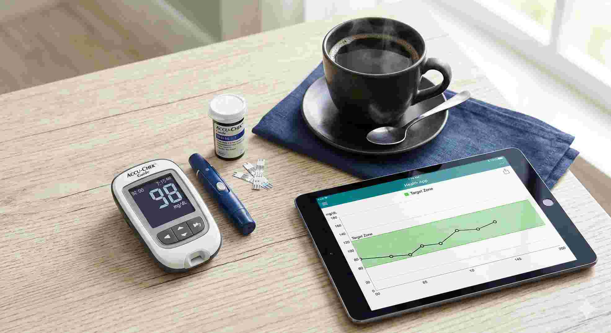 Reading an accu chek blood sugar levels chart in the morning.