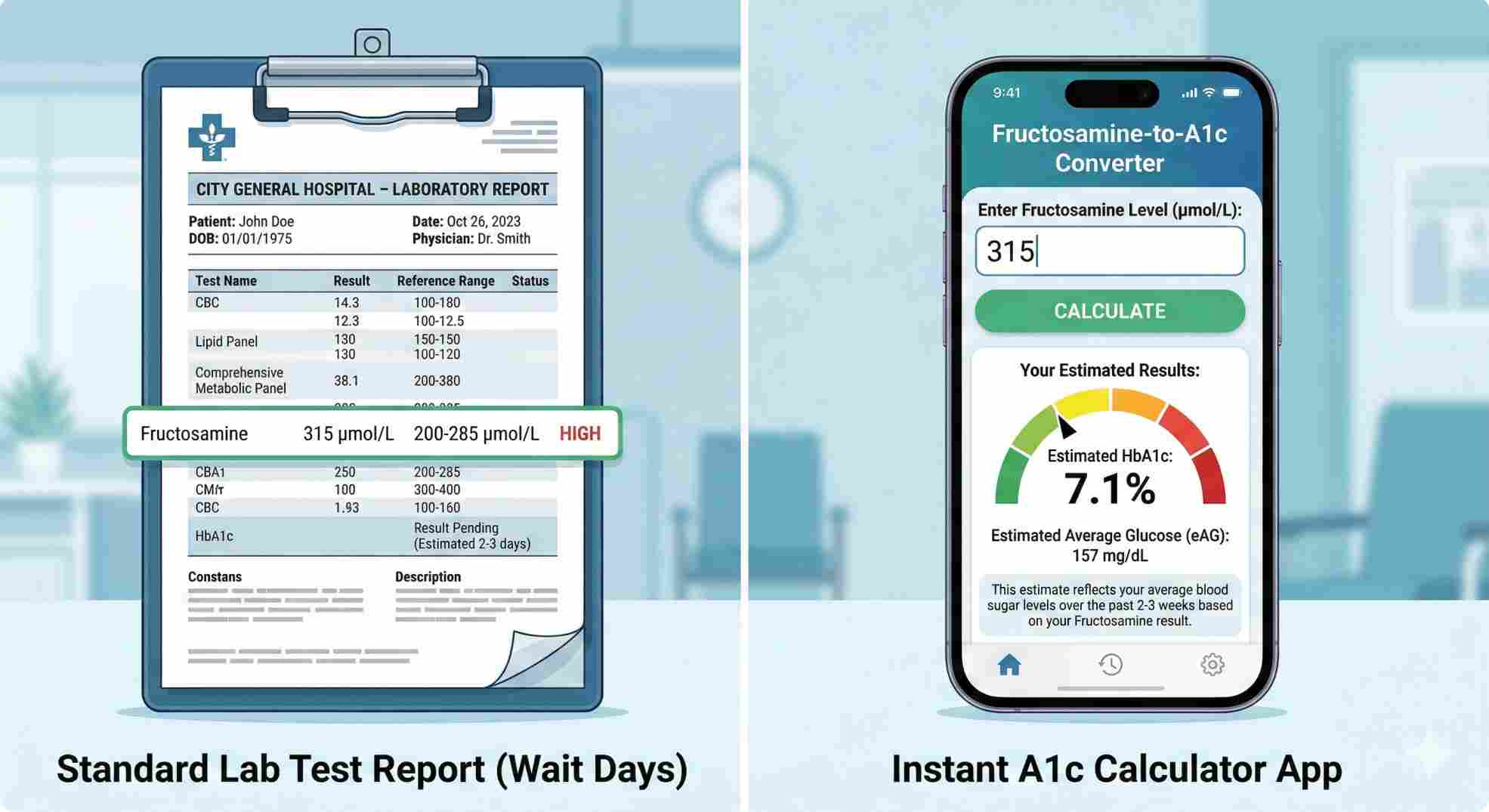 Smartphone app acting as a fructosamine to a1c calculator next to medical lab reports.
