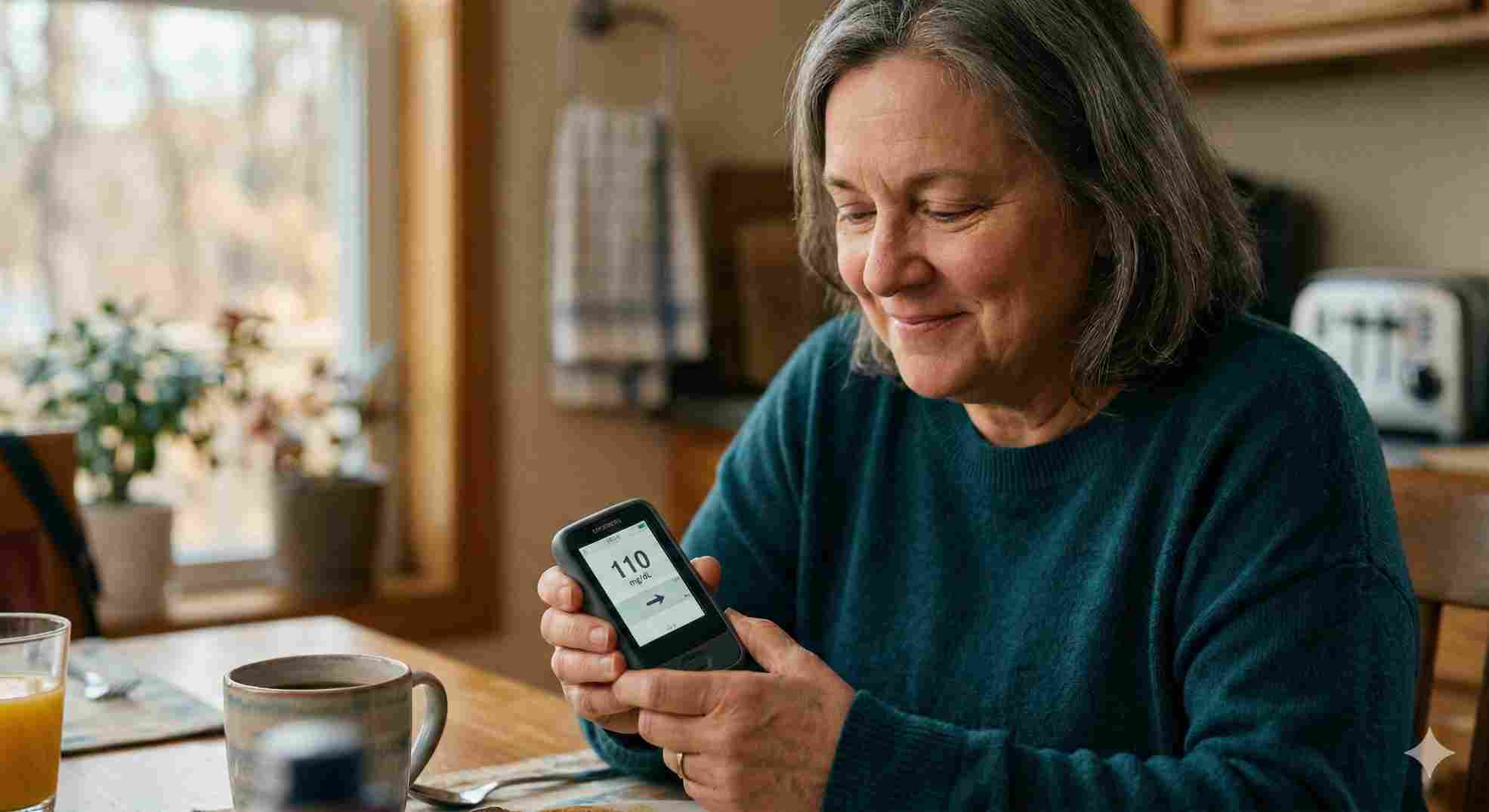 Woman checking her fructosamine and a1c conversion results on a modern continuous glucose monitor device.