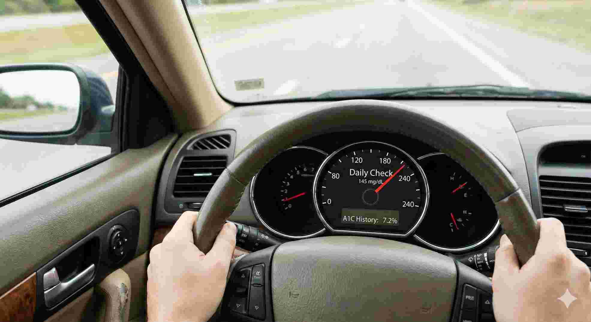 car dashboard analogy showing speedometer as daily glucose and odometer as a1c calculator history