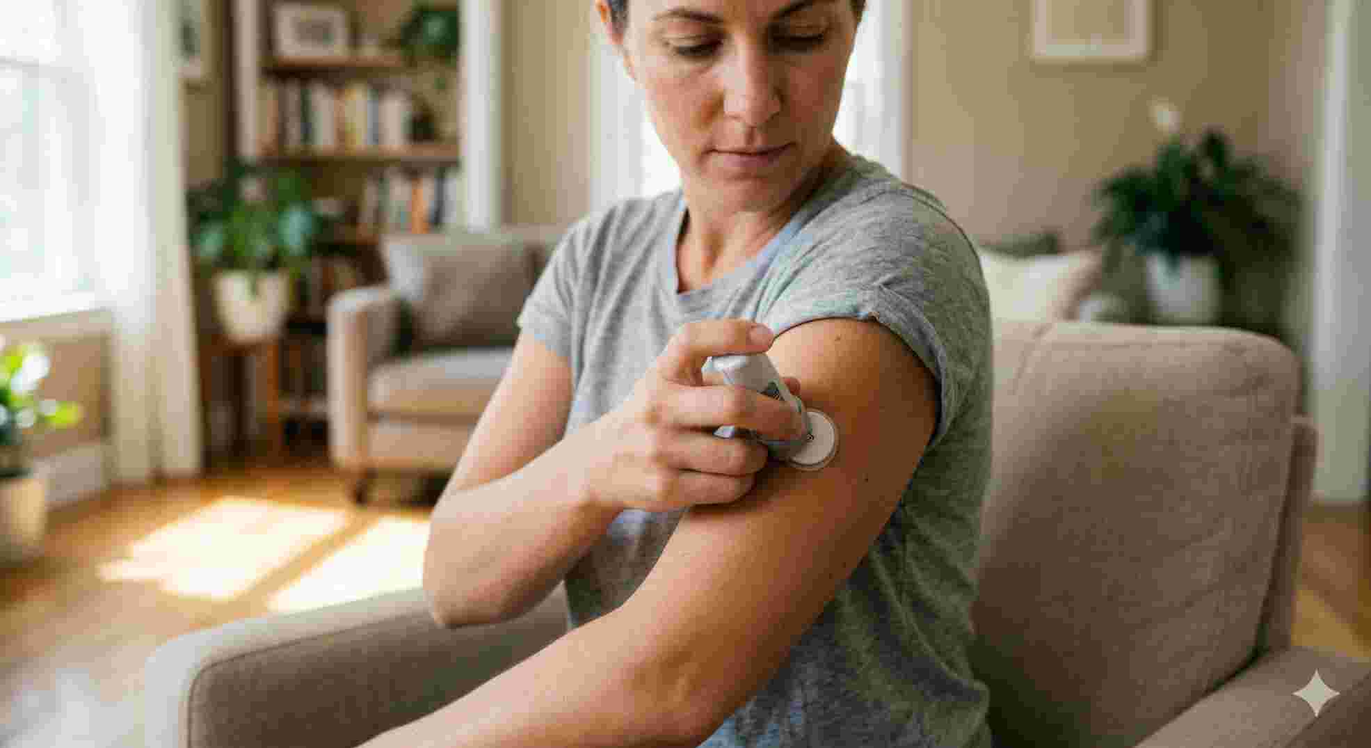 Adult applying an abbott glucose monitor over the counter to their arm at home.