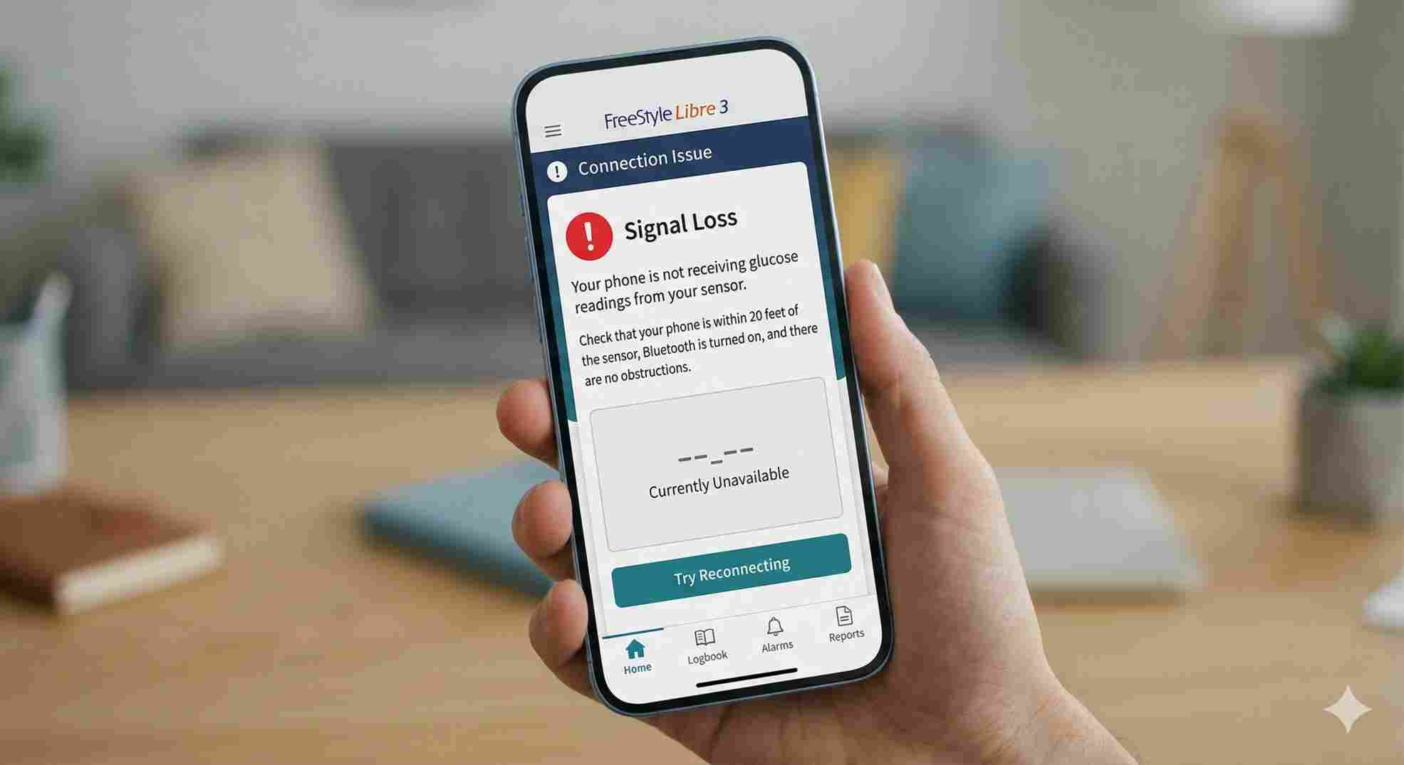 App screen showing freestyle libre 3 signal loss troubleshooting alert.