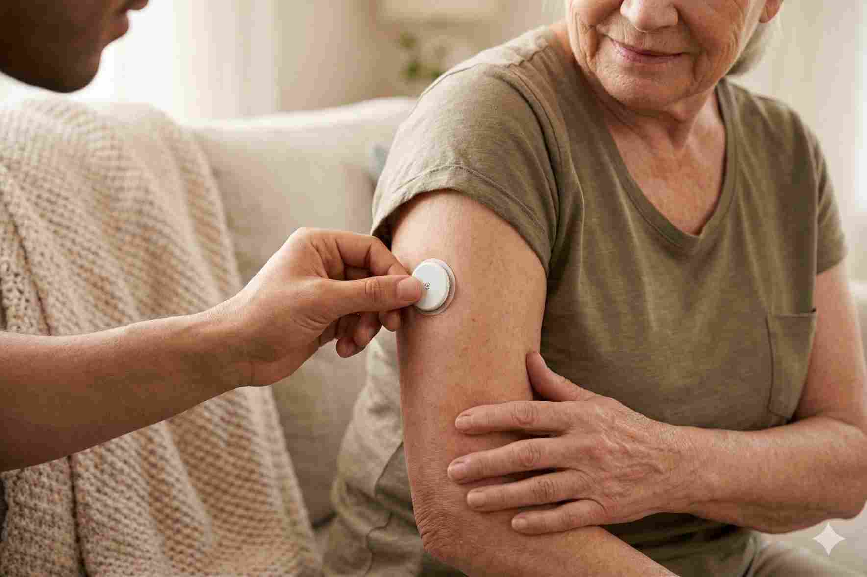 Caregiver applying the sensor for freestyle health monitoring.