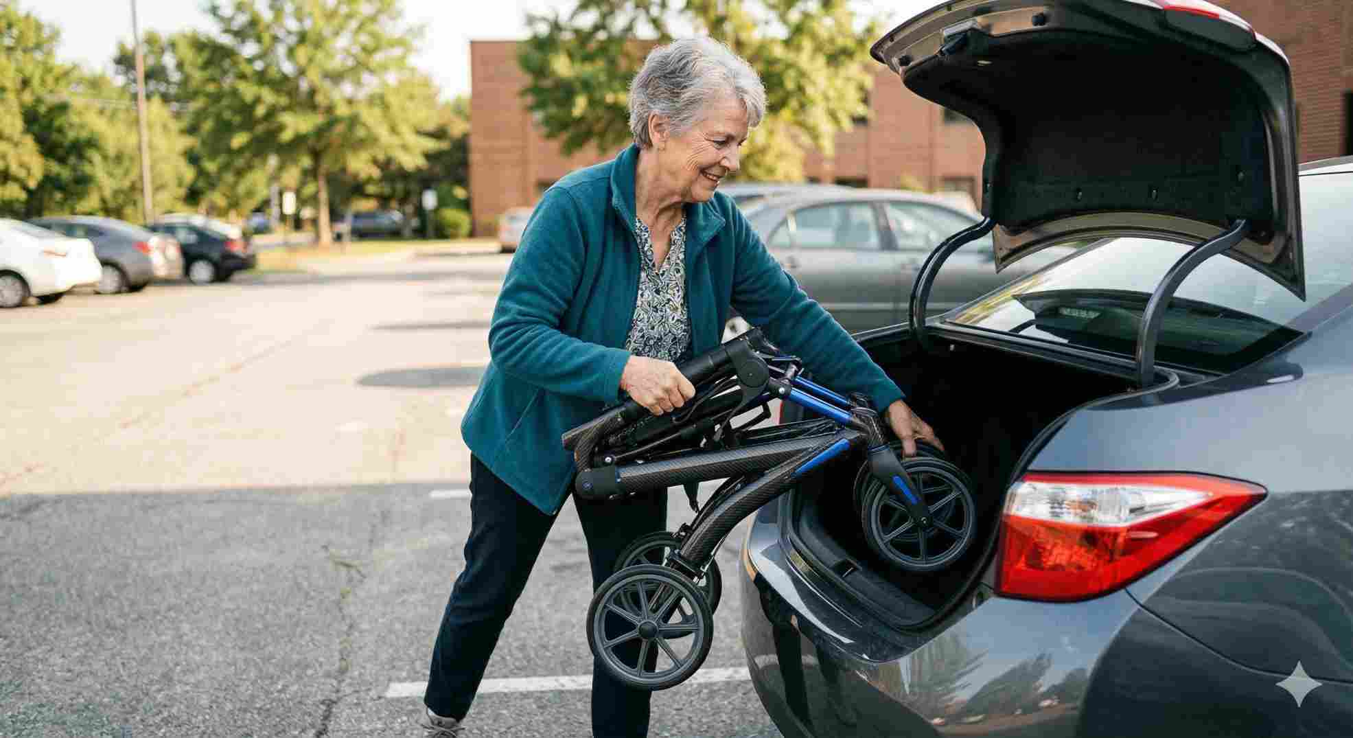 Folding a lightweight rollator for easy travel.