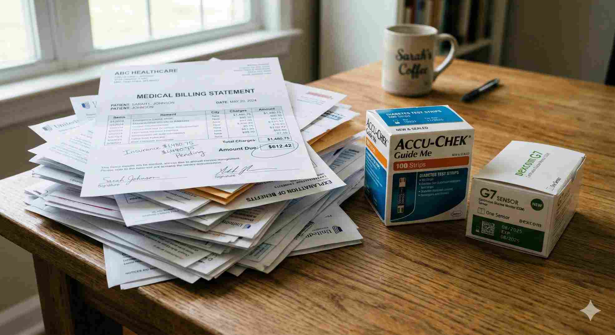Medical insurance paperwork and diabetes testing supplies on a desk