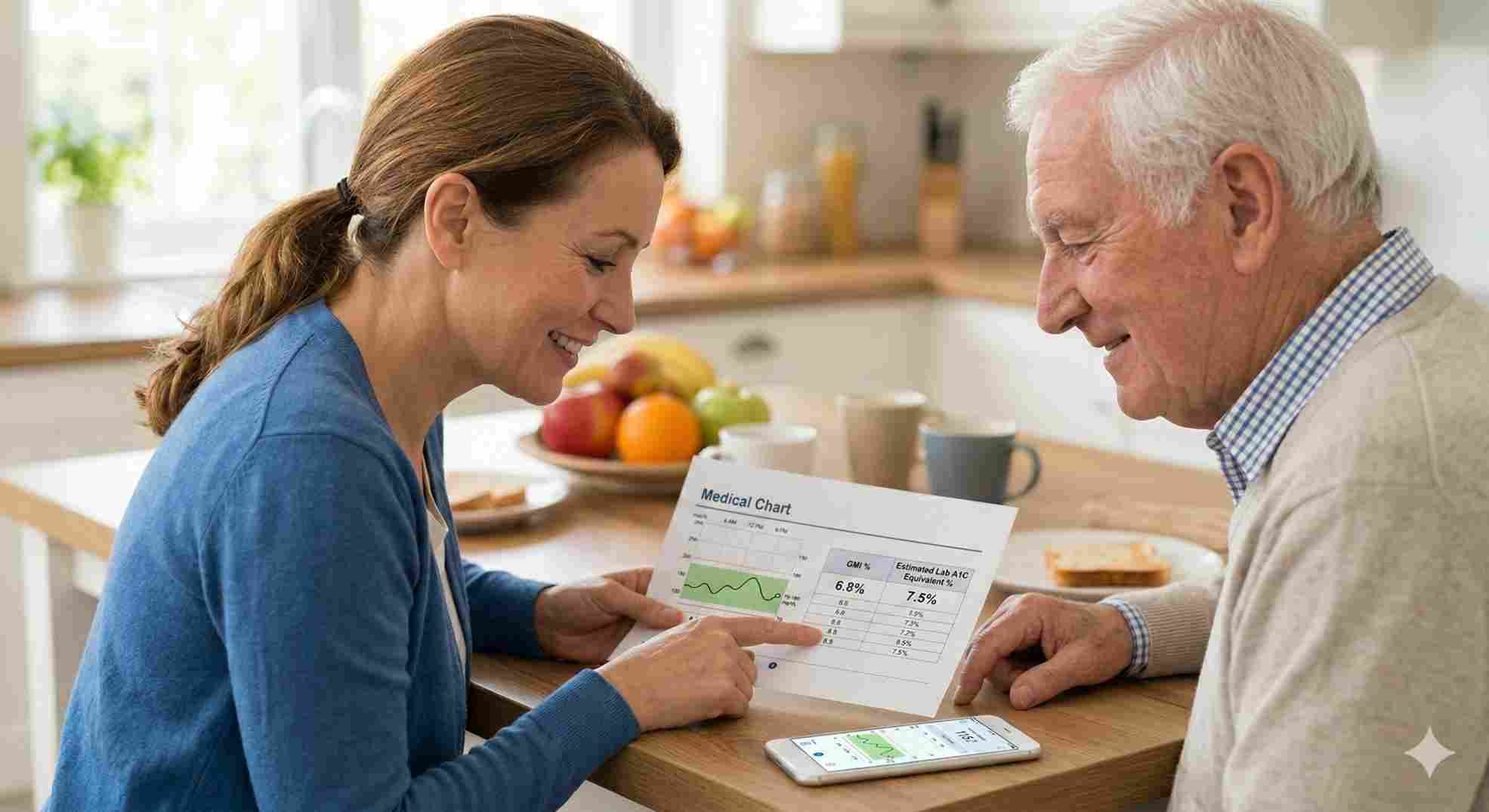 Patient and caregiver reviewing a gmi to a1c chart together