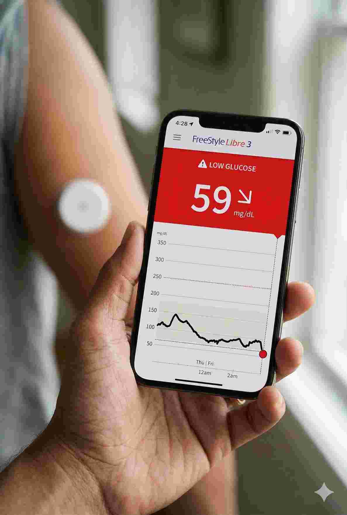Patient checking abbott diabetes news on smartphone while wearing a Libre 3 sensor