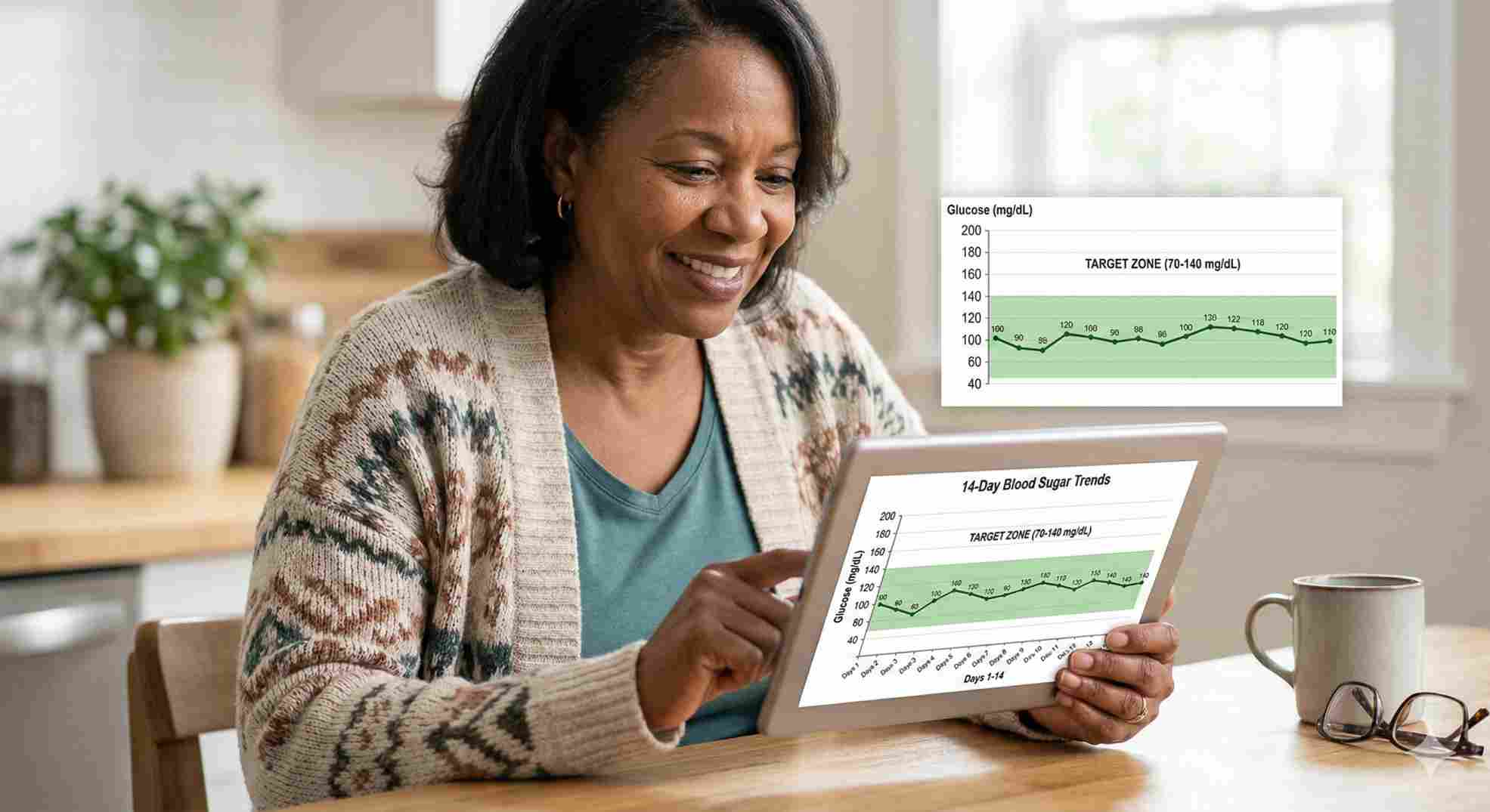 Patient reviewing their blood sugar trend data to understand their fructosamine and a1c conversion progress.