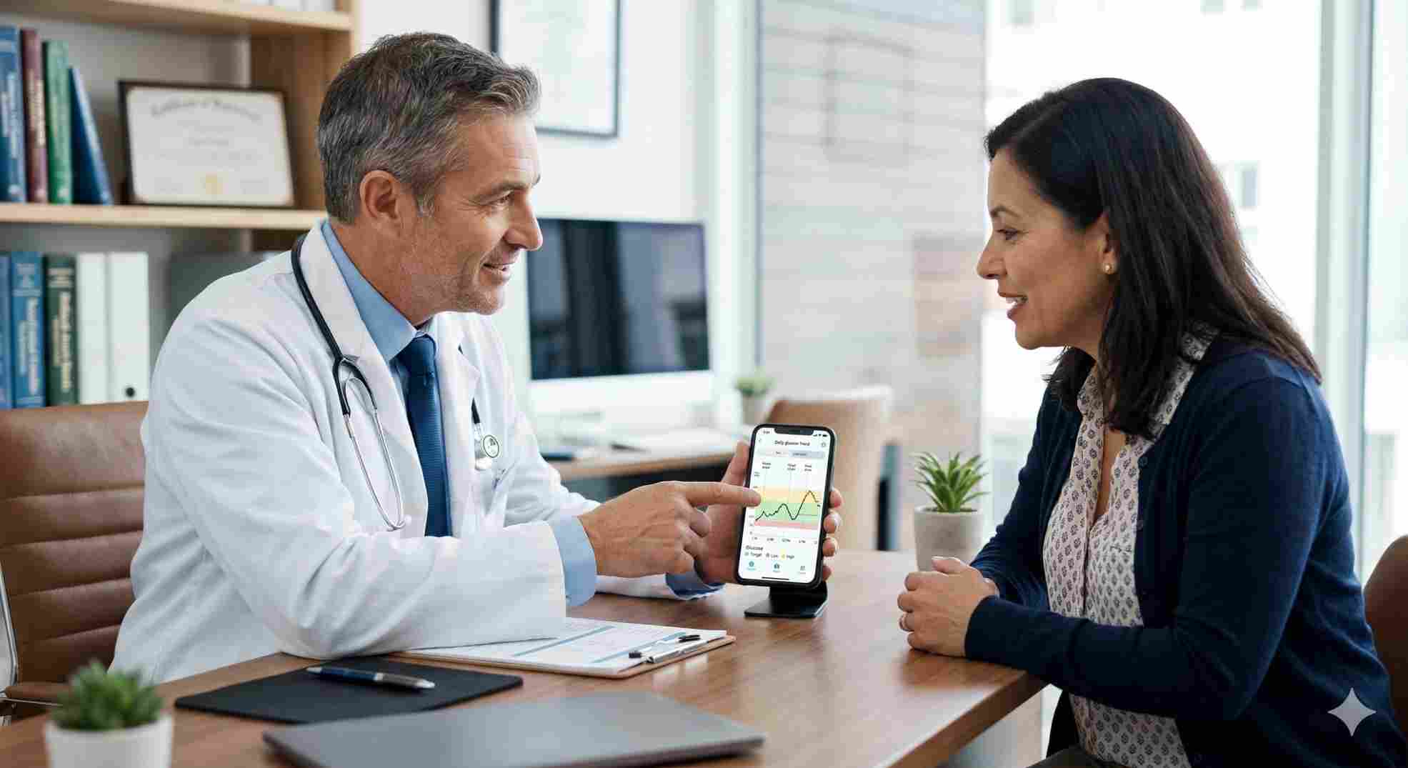 Patient reviewing their libre com app data with a physician.