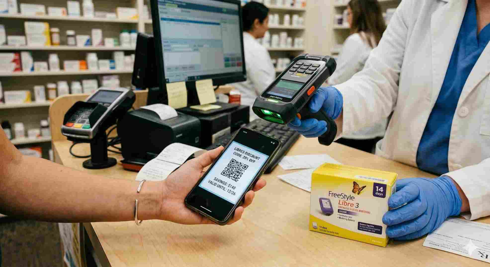 Pharmacist applying a libre 3 sensor coupon at checkout