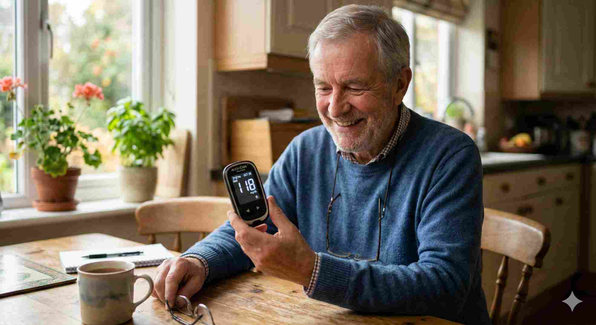 Senior man checking his hba1c goal with a digital glucose monitor at home