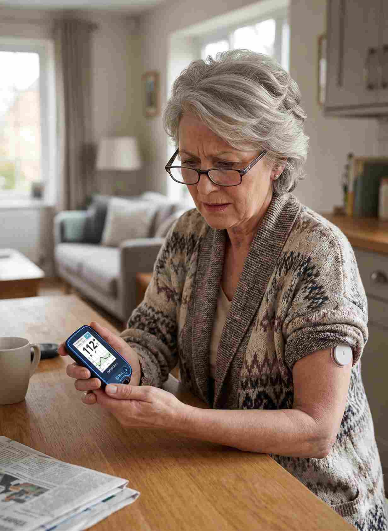 Senior patient doing freestyle libre 3 reader signal loss troubleshooting.