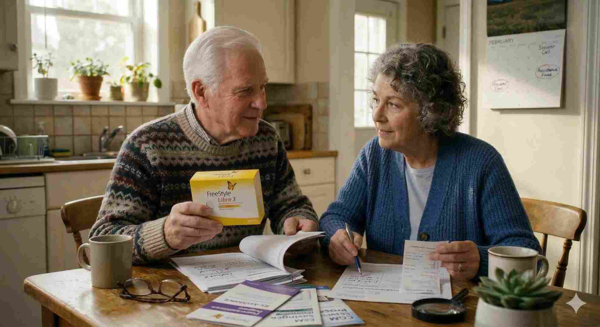 Seniors reviewing paperwork to find a libre 3 discount card