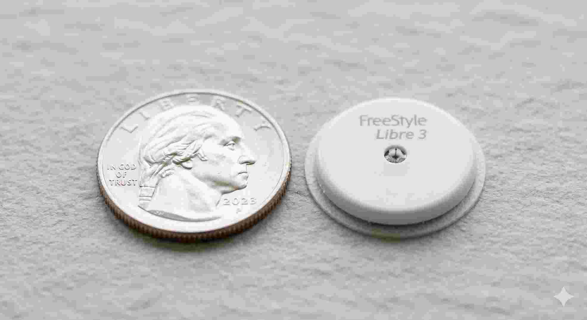 Size comparison of the freestyle rio cgm next to a quarter coin.