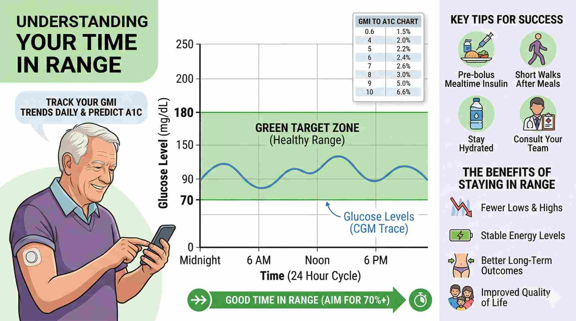 Time in range visual guide alongside a gmi diabetes chart