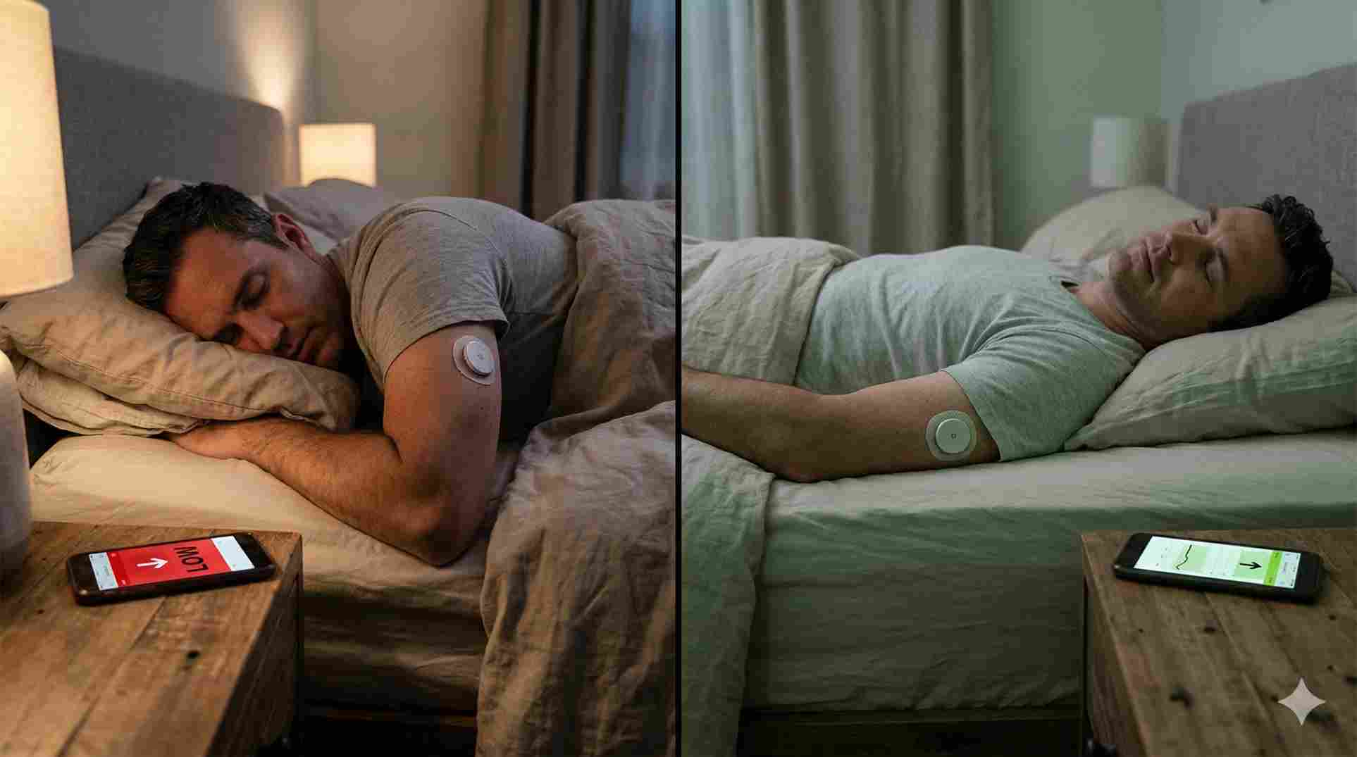 Visual guide demonstrating how sleeping positions impact the accuracy of freestyle libre through compression lows.