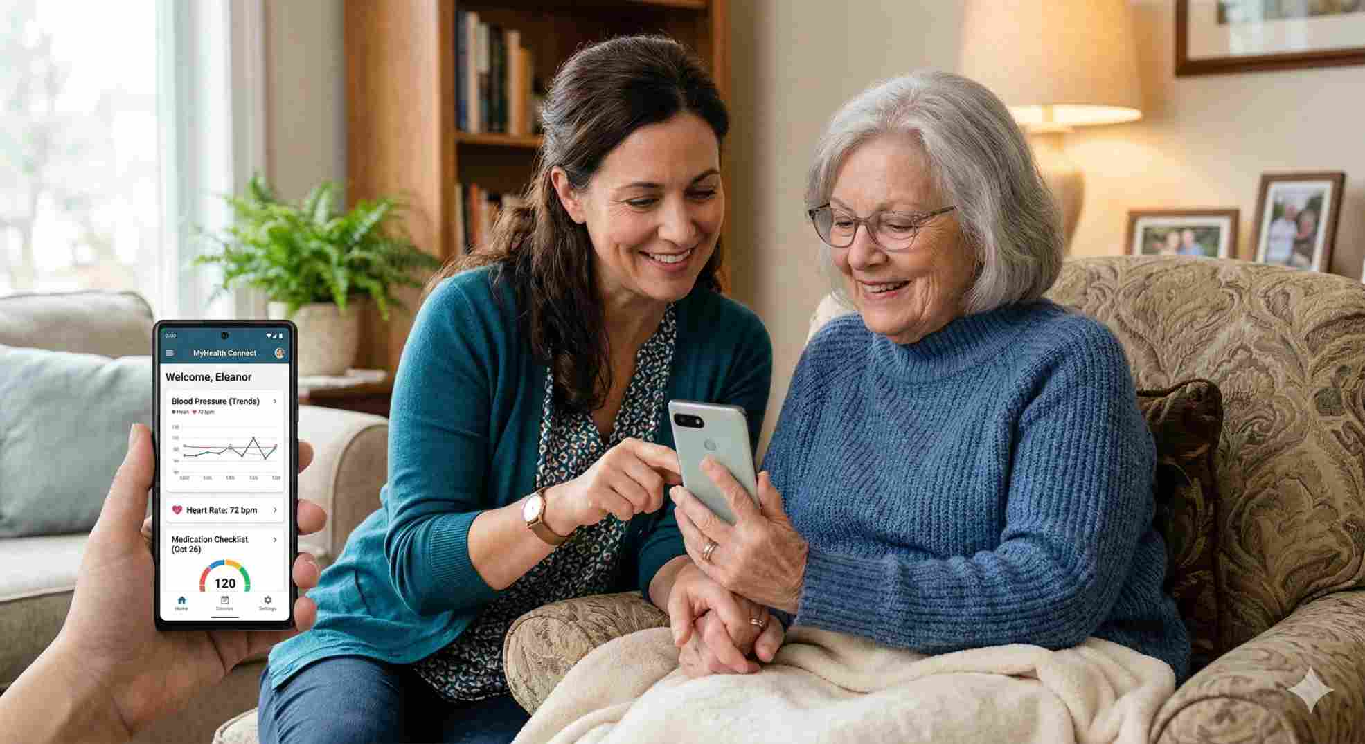 caregiver helping patient use a blood glucose converter app