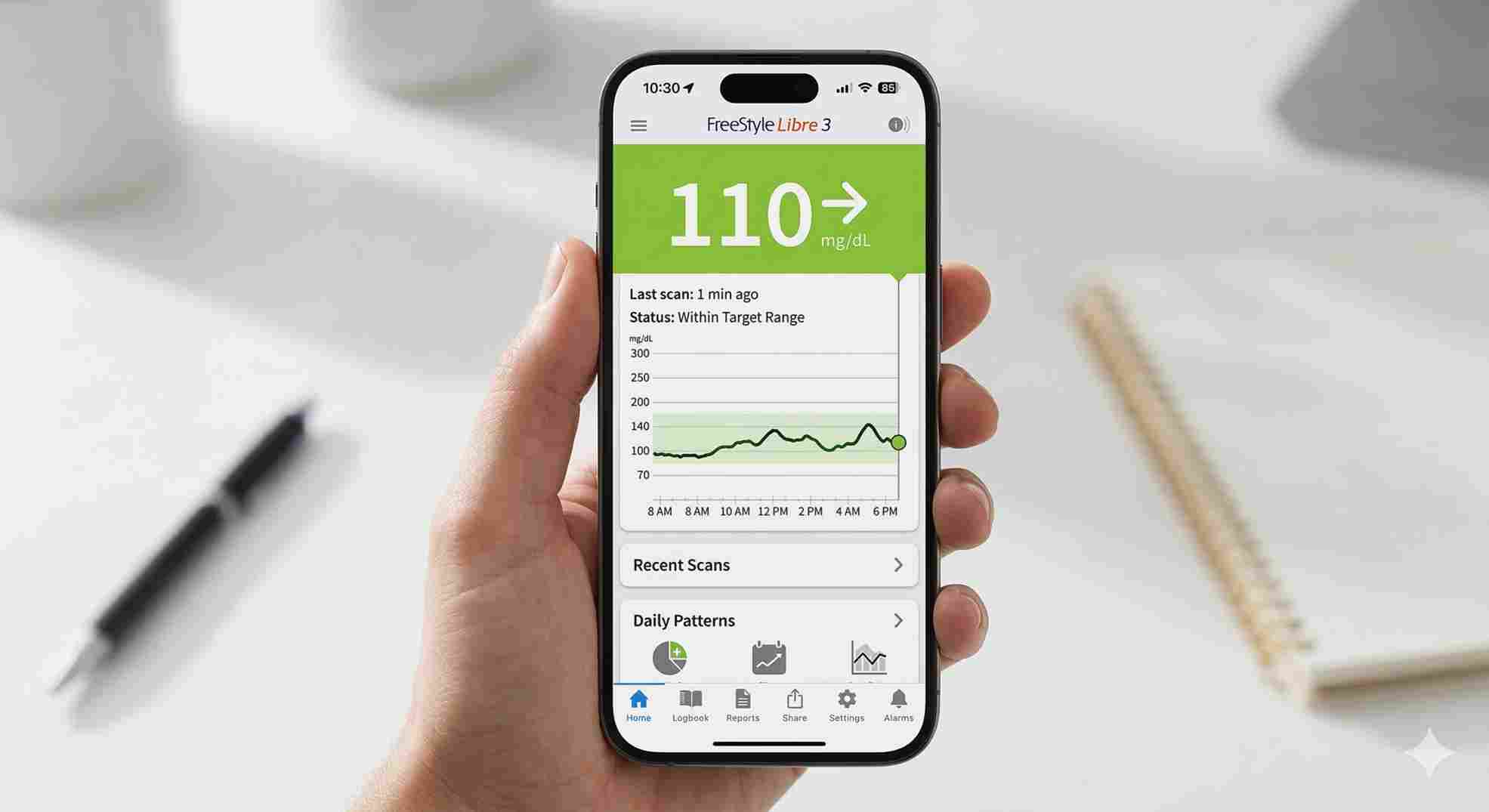 libre 3 reviews showing the mobile app interface and green glucose numbers